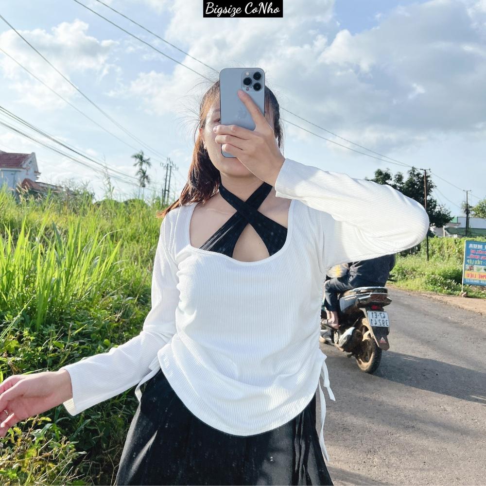 Áo thun bigsize nữ cổ yếm rút dây hai bên dáng dài, Sét áo big size mặc được nhiều kiểu khác nhau Bigsize Cô Nhỏ G19