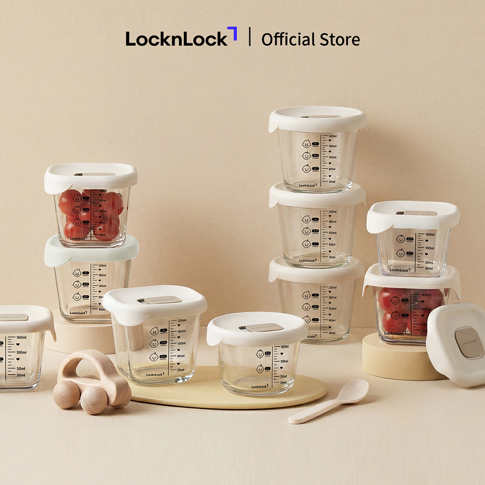Bộ 3 Hộp Thủy Tinh Đựng Thức Ăn Dặm Cho Bé LocknLock LLG1031S3IVY Có Nắp Silicon, Vạch Chia - Hàng Chính Hãng - JoyMall