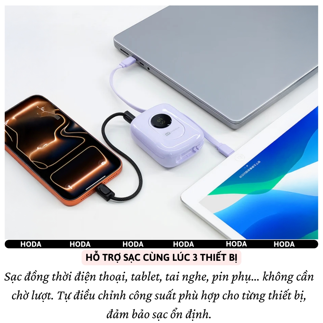 Pin Sạc Dự Phòng HODA SafeCharge Multi-Protect 10.000mAh sạc Nhanh PD 22.5W, Tích Hợp Cáp Type-C &amp; L(iP) Sạc 3 Thiết Bị, 8 lớp bảo vệ an toàn – sạc mát, không hại pin - Hàng nhập khẩu