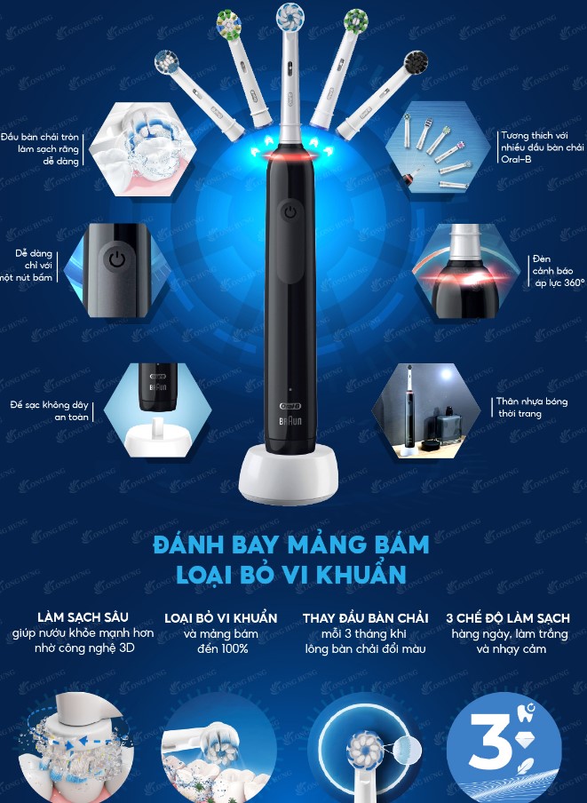 Bàn Chải Đánh Răng Điện BRAUN ORAL-B PRO 3 3500, Giúp Loại Cặn Bám, Ngừa Sâu Răng Hiệu Quả, BH 12 Tháng