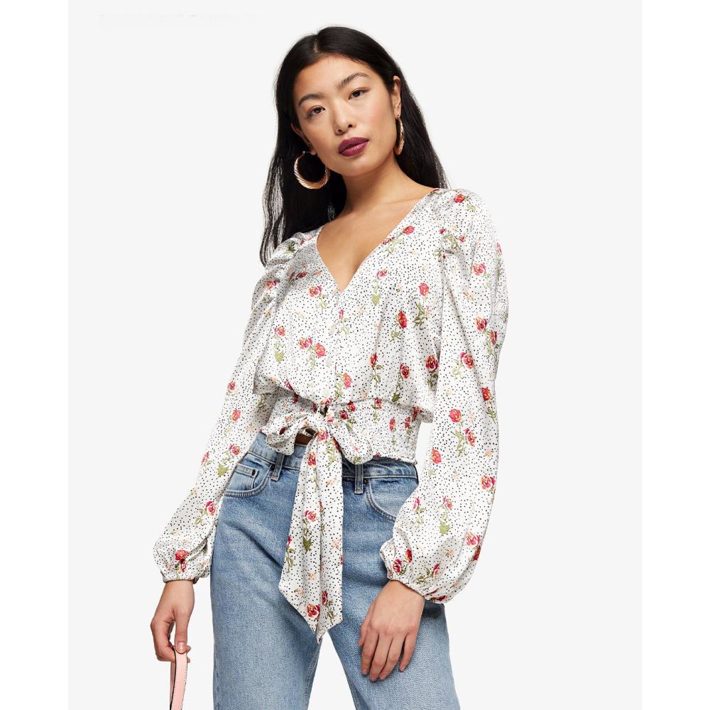 TOPSHOP - Áo kiểu nữ PETITE Cream Satin Floral Dot Tie Front 26B06SCRM