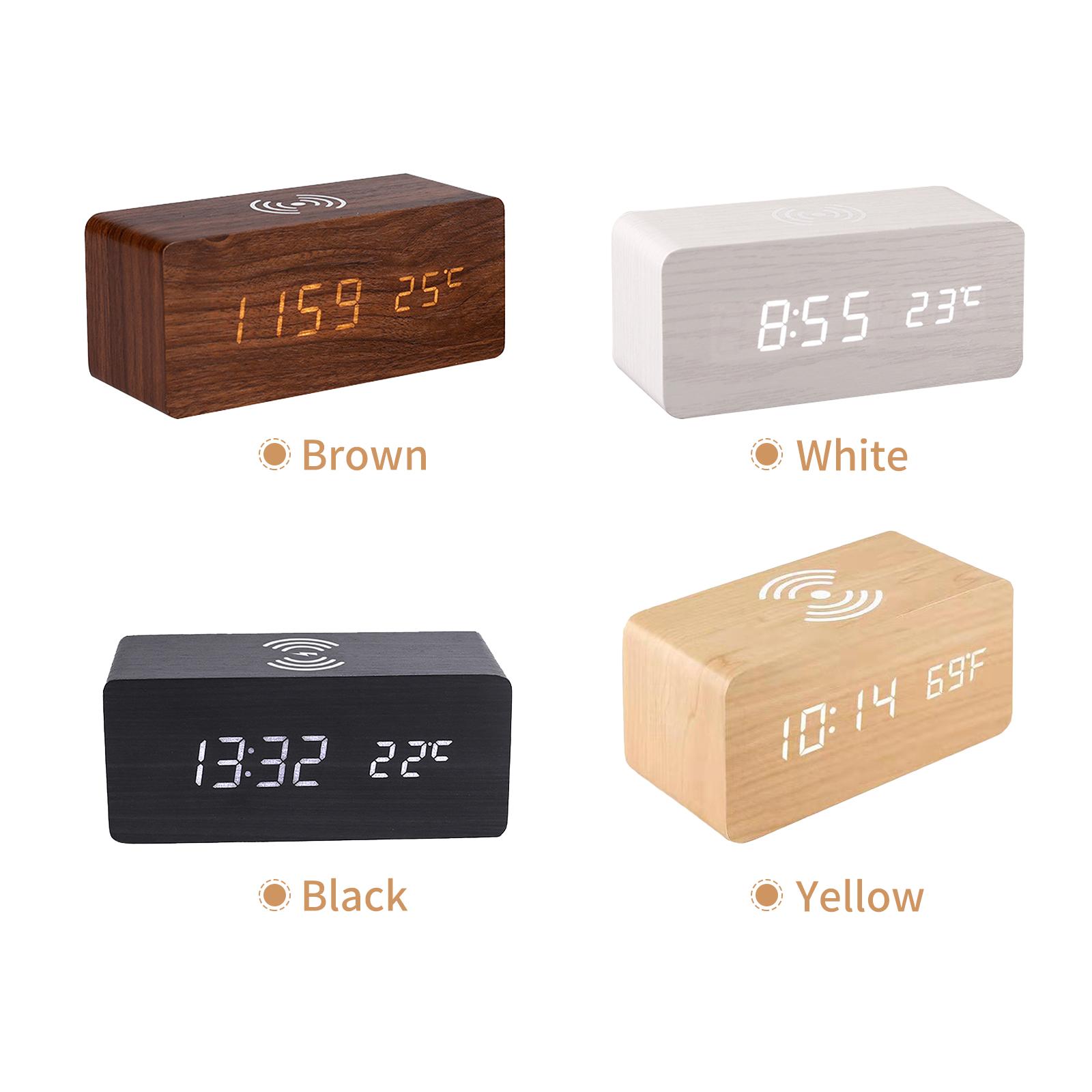 Đồng Hồ Báo Thức Bằng Gỗ Kỹ Thuật Số Hiển Thị Thời Gian Bằng Đèn Led Điện Tử Cho Phòng Ngủ Sạc Không Dây 3 Cài Đặt Báo Thức Hiển Thị Ngày & Nhiệt Độ