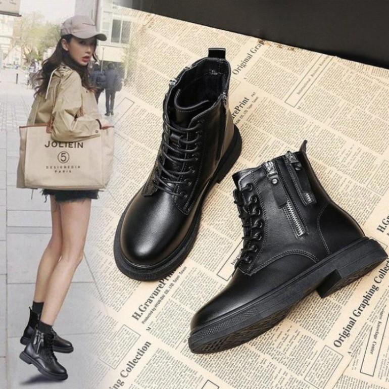 Giày Boots Nữ, Boots Nữ Cổ Thấp 3cm Hai Khóa Hot Hit Siêu Đẹp Hai Màu Đen Kem Minhtushoes Giày Nữ Cao cấp