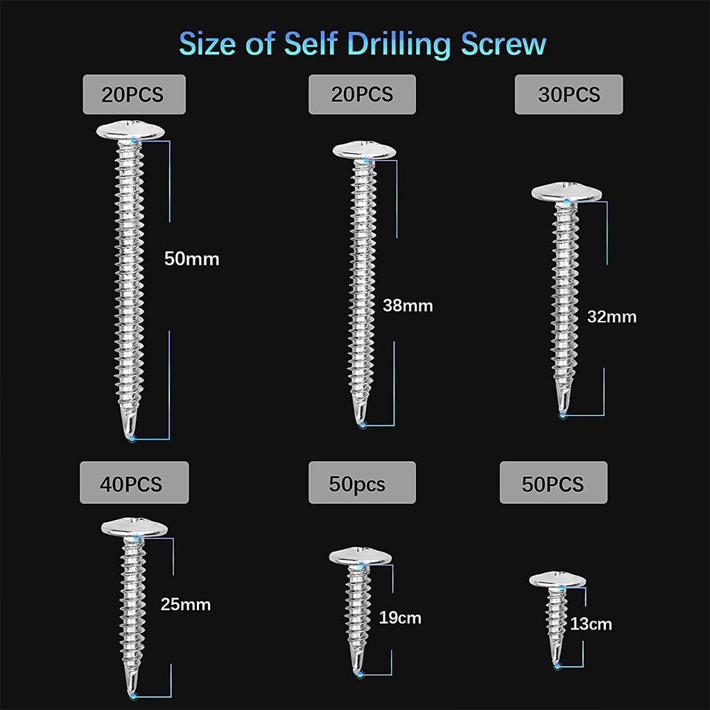 210pcs Self-Drilling Screws Kits 6 Sizes Phillips Head 13 19 25 32 38 50mm Screw Set Nail for Wood Home Garages Repair Tool