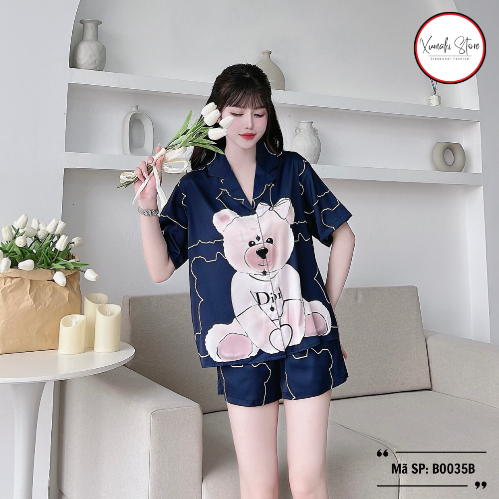 Bộ pijama áo cộc quần đùi hoạ tiết gấu kute 2 màu chất lụa cao cấp Xumaki Store BO035B