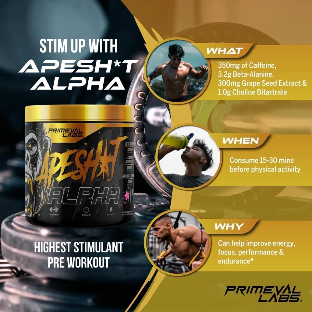 Pre Workout Primeval Labs Apeshit Alpha Giúp Tập Trung Tinh Thần, Tỉnh Táo, Tăng Sức Mạnh (150 Gram)