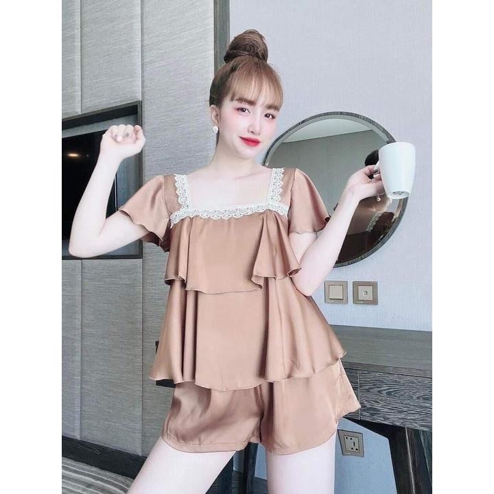 Đồ Ngủ 2 Dây Sexy Bộ Lụa Satin Phối Ren Đồ Bộ Mặc Nhà Nữ Freesize dưới 58kg