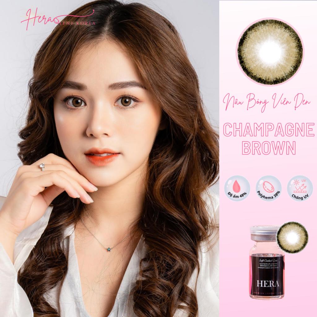 Kính Áp Tròng Hera Nâu Bóng Viền Đen 0 - 6 Độ CHAMPAGNE BROWN Nhập Khẩu Hàn Quốc Lens Cận 6 Tháng