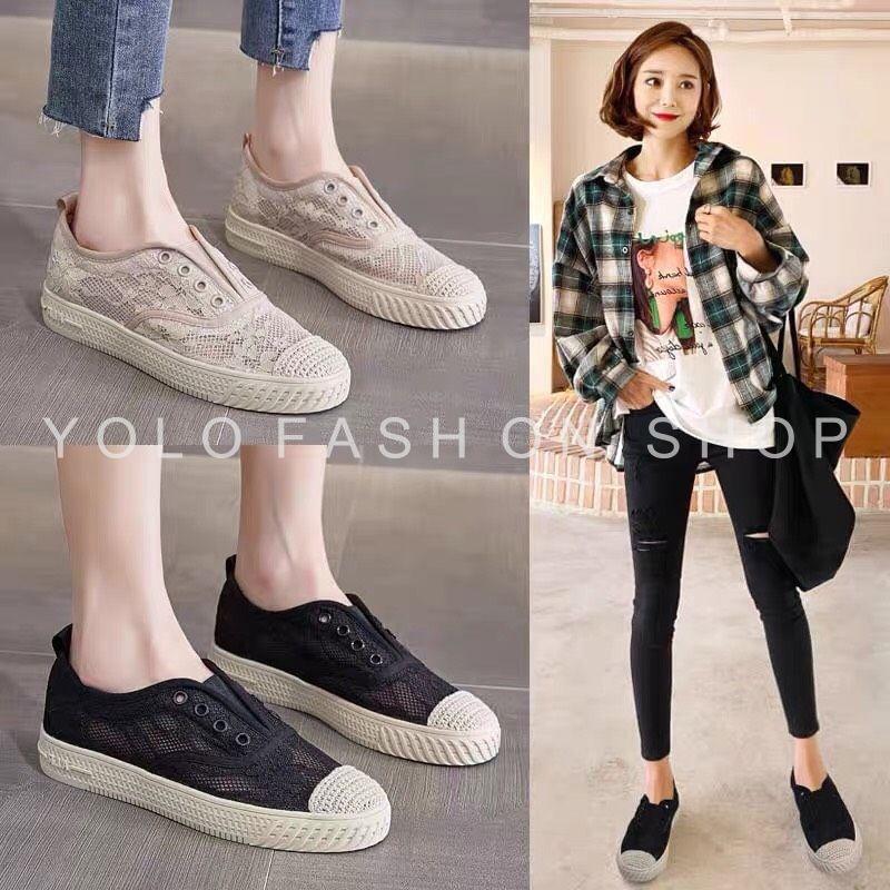 Giày lười slip on nữ dáng thể thao basic phối ren vintage siêu mềm êm chân hàng cao cấp chuẩn đẹp-GL26