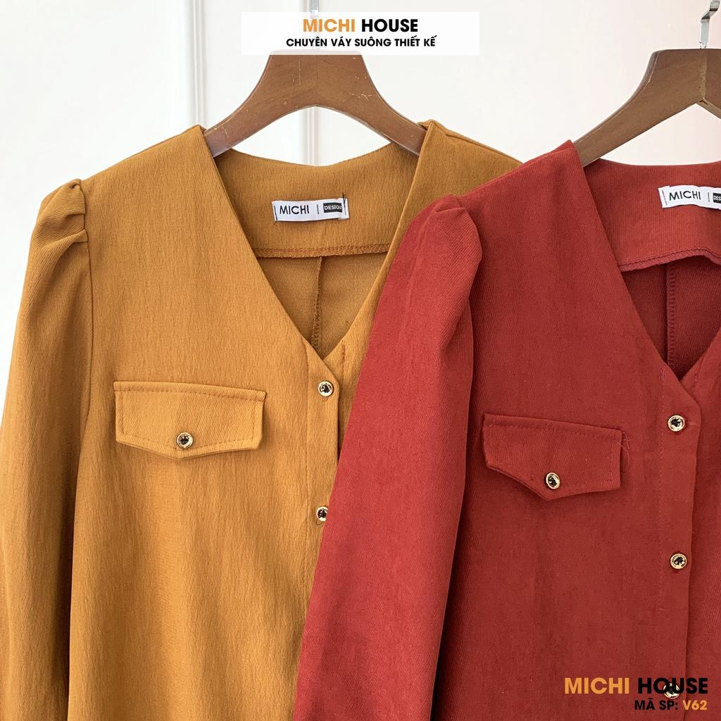 Đầm Suông Nhung Dài Tay MICHI House V62 Váy Xuông Thiết Kế Cổ V Cài Cúc Dễ Mặc
