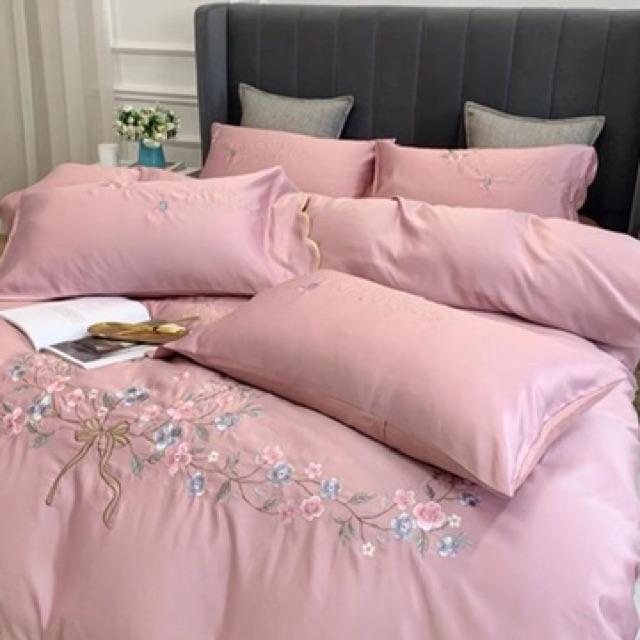 Set Cotton Lụa Thêu 2020 Cao Cấp Hàng Nhập Khẩu 5 món Hoa Khung Nguyệt Quế May Mắn Màu Hồng Phấn