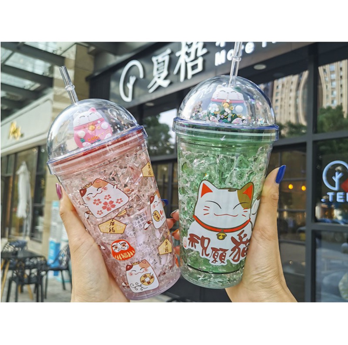Ly giữ lạnh 3D mèo kute - Kèm ống hút