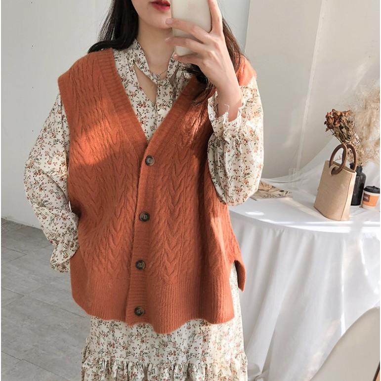 Gile Len | Áo Gile Len Dệt Kim Cổ V Dáng Rộng Ulzzang Kiểu Dáng Trẻ Trung, Hàng Quảng Châu