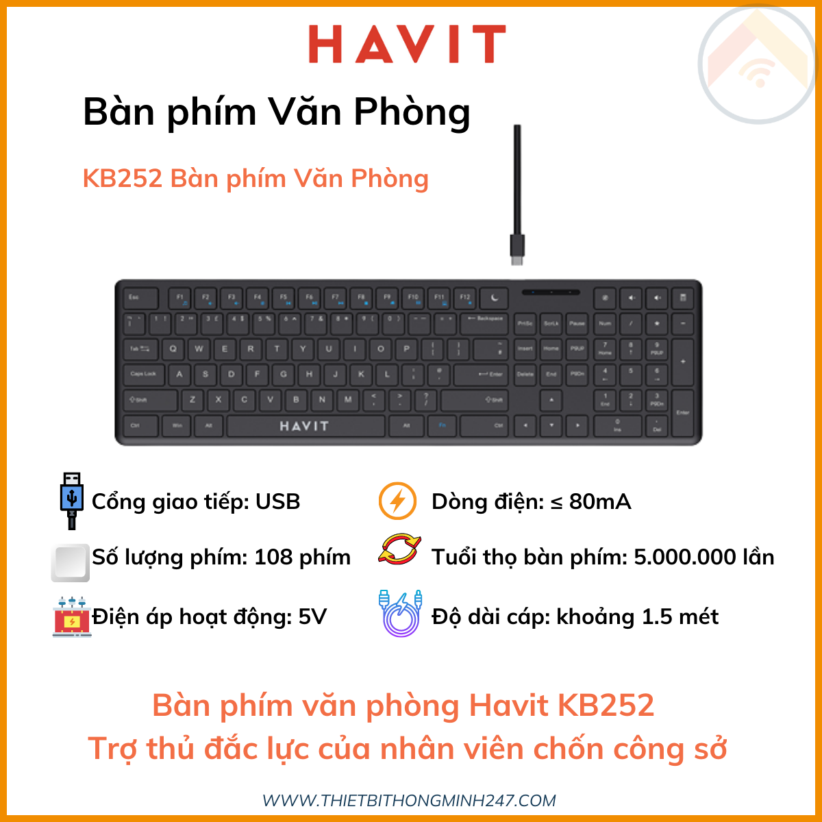 Bàn phím văn phòng có dây HAVIT KB252 Full-size 108 phím Cổng USB 1.5m Đen Hàng Chính Hãng