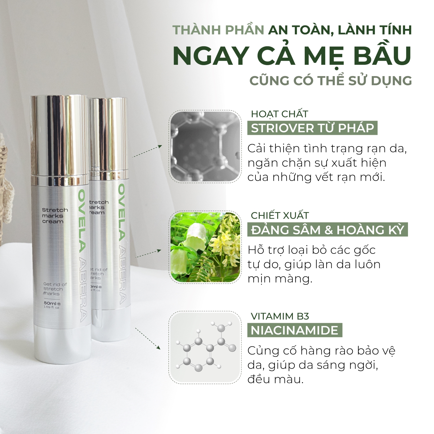 [COMBO 3] Kem Rạn Da Ovela Abera 50ML - Dưỡng Ẩm,  Giảm Rạn Cũ, Ngừa Rạn Mới, Kem Rạn Da Cho Mẹ Bầu