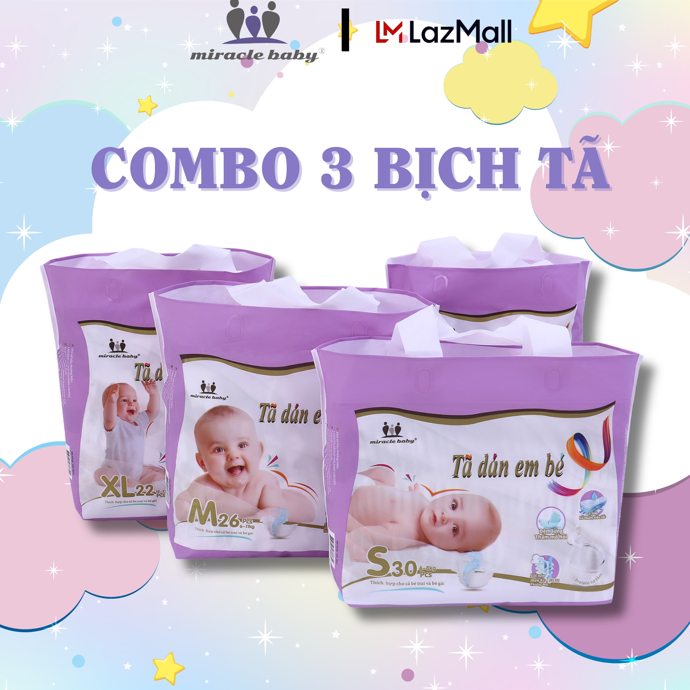 [COMBO 3] Tã dán / Bỉm dán cho bé sơ sinh thương hiệu Miracle Baby , chất liệu tơ tằm mềm mại thông thoáng da bé có 5 size S/M/L/XL/XXL