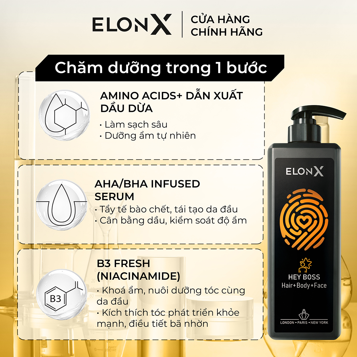 Dầu gội ELONX HEY BOSS dầu gội 3 in 1 nam dầu gội hương nước hoa dầu gội đầu nam thơm lâu sữa tắm gội (sáng - 680gr)