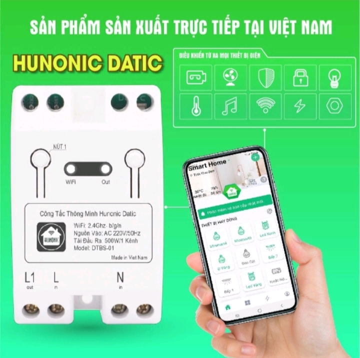 Công Tắc Thông Minh Wifi Hunonic Datic 1 Kênh 500W/220V Điều Khiển Thiết Bị Từ Xa Qua Điện Thoại, Hẹn Giờ Tự Động.