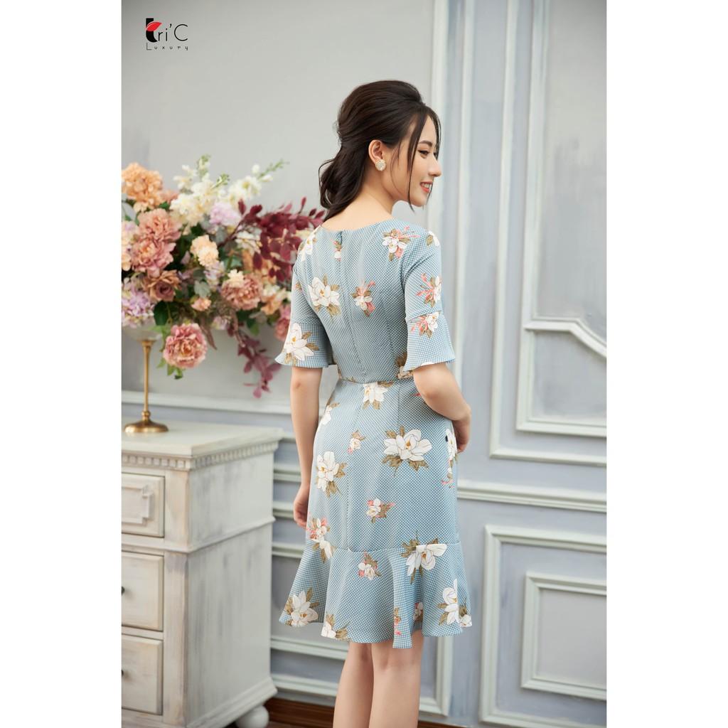 Đầm xòe đuôi cá Tri'C Luxury rút dây ngực Xanh pastel A20420