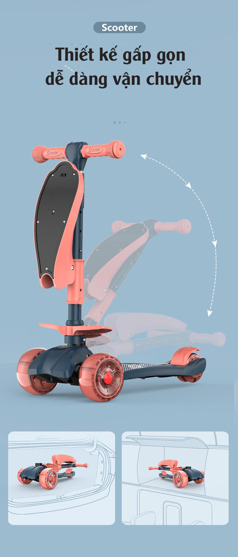 Xe scooter 3 bánh tự cân bằng, 3in1 có ghế gấp gọn, xe chòi chân thăng bằng , xe trượt 3 bánh có nhạc và đèn chiếu sáng )