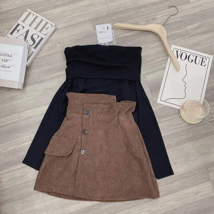 Chân váy cạp cao vải nhung tăm độc lạ 3 khuy tôn dáng BANAMO FASHION 551