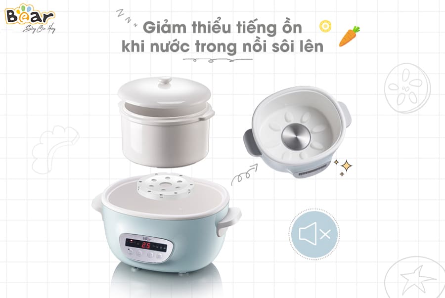 Nồi Ninh Hấp, Nấu Cháo Chậm, Nấu Đồ Ăn Dặm, Nấu Cách Thủy 6 Trong 1 BEAR SUBE003 (DDZ-C25R6) Màu Ngẫu Nhiên Dung Tích 2.5L Công Suất 380W - Hàng Chính Hãng