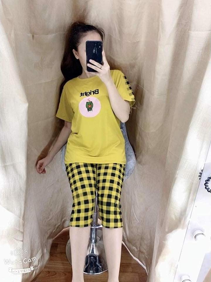 Đồ bộ cotton lửng sọc caro in logo dễ thương