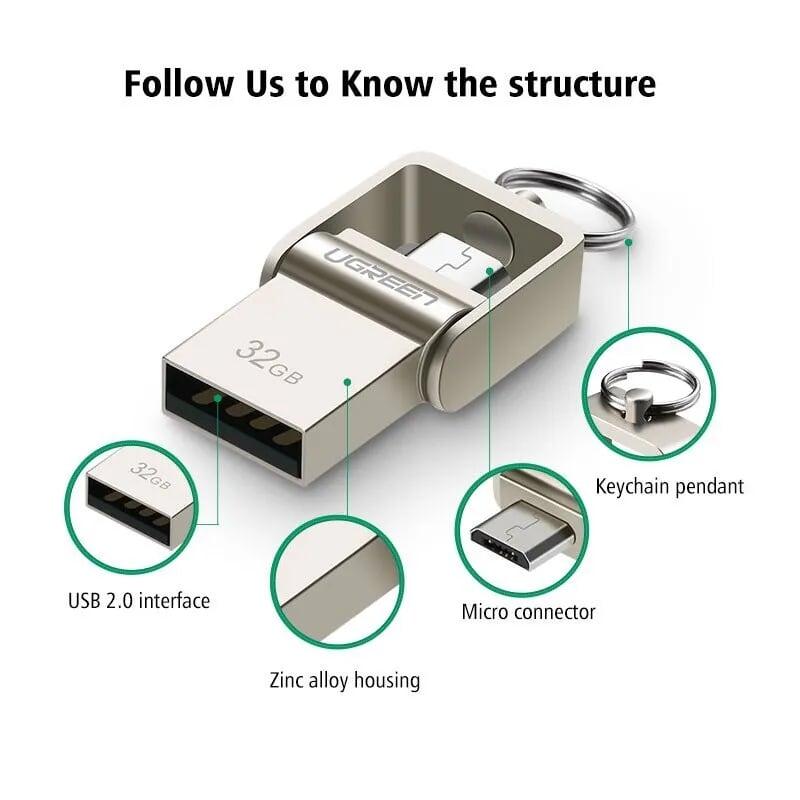 Ugreen UG30430US179TK 8G màu Bạc USB thẻ nhớ 2.0 + MICRO USB hỗ trợ OTG - HÀNG CHÍNH HÃNG