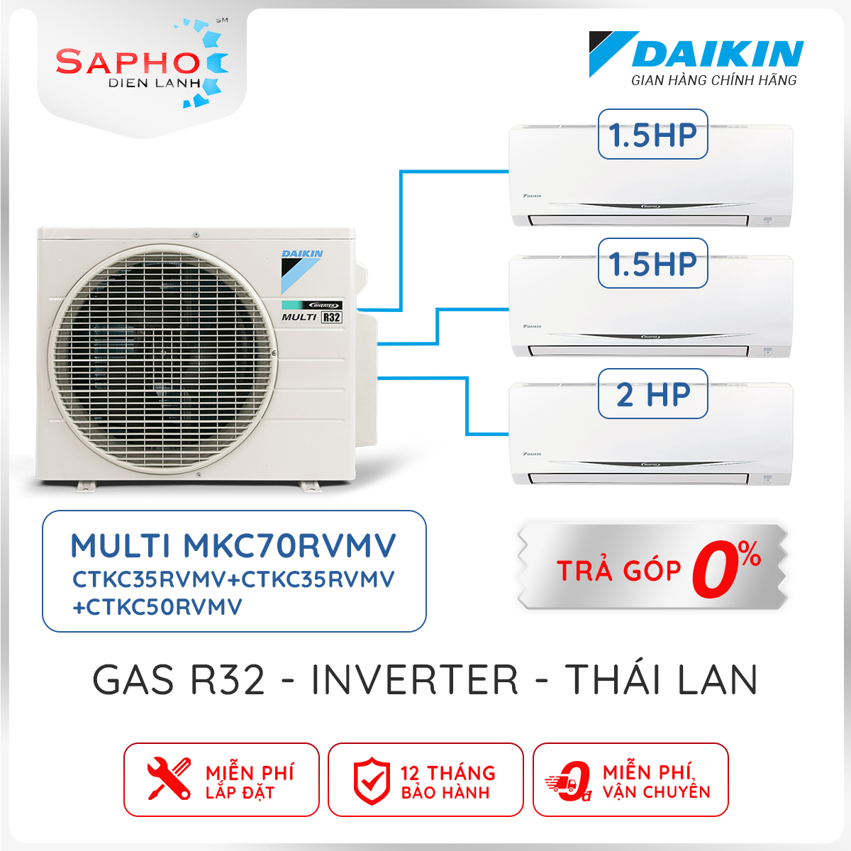 Hệ Thống Máy Lạnh Multi S Daikin Inverter Combo MKC70SVMV/CTKC35RVMV+CTKC35RVMV+CTKC50RVMV Gas R32 Treo Tường 1 Chiều Lạnh Hàng Chính Hãng - Chỉ giao tại HCM