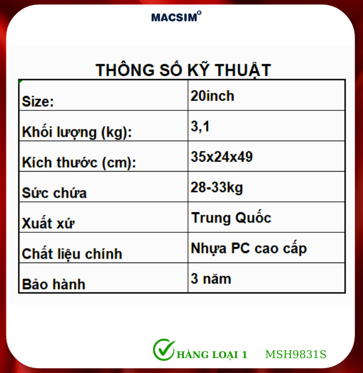 Vali cao cấp Macsim Hanke MSH9831S 20inches