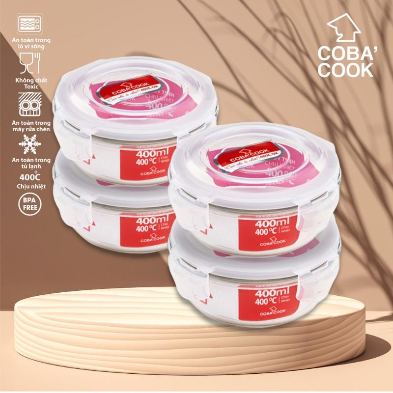 Bộ 4 hộp thủy tinh hộp đựng cơm trữ thức ăn thực phẩm trong tủ lạnh chịu nhiệt COBA'COOK hình tròn- CCR44