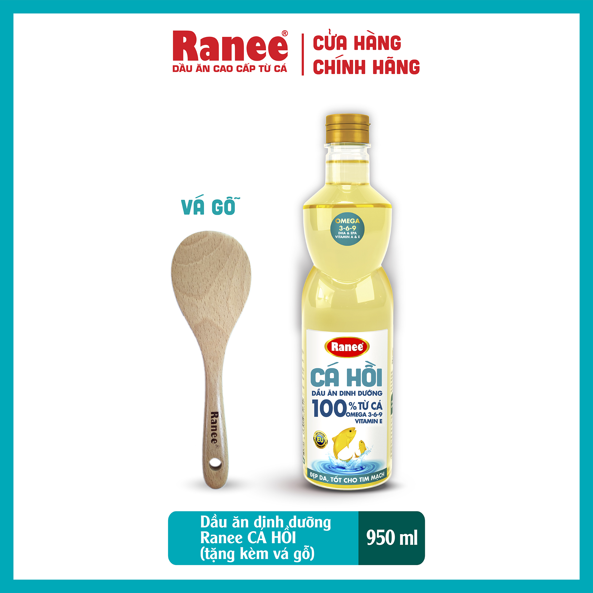 Dầu ăn dinh dưỡng Ranee CÁ HỒI 950ml + tặng kèm 01 vá gỗ cao cấp