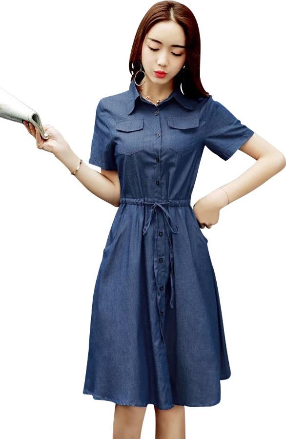 Đầm xoè denim eo rút dây
