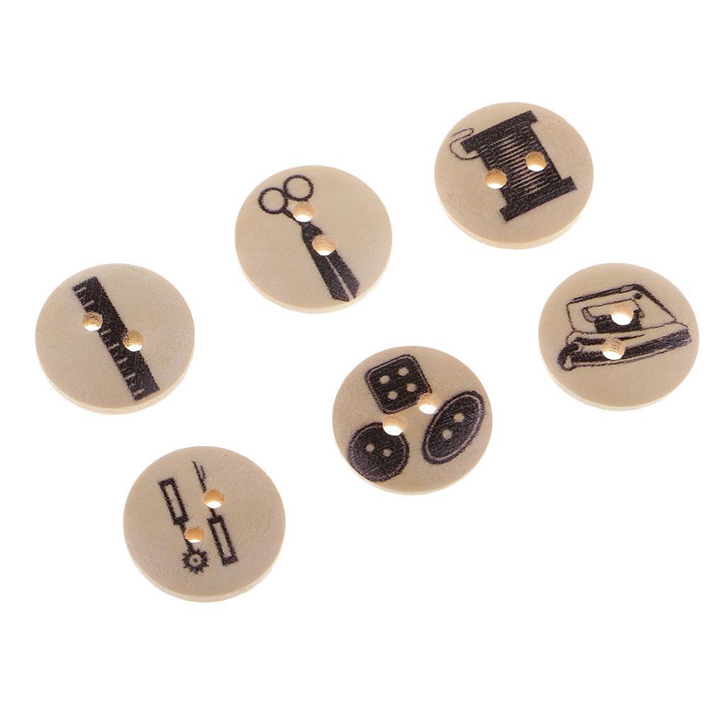 DIY 100Pcs 15mm Round Wood Button 2 Holes Mixed Pattern Sewing Accessories Craft Decoration