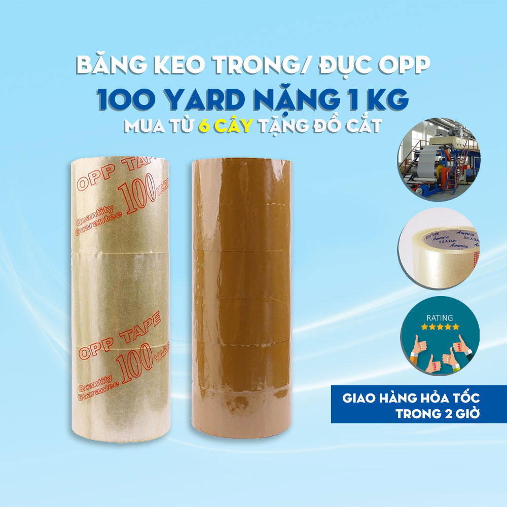 Băng Keo Trong, Đục 100 Yard 1 Cây 6 Cuộn Nặng 1Kg Đóng hàng