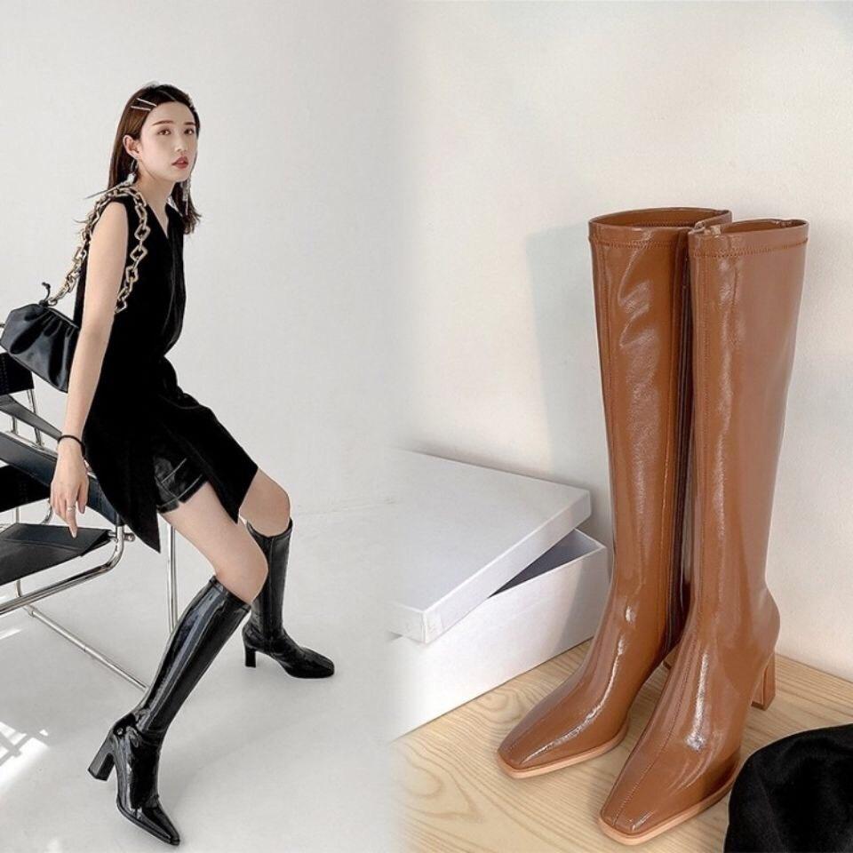 Hàng Loại 1 Boots đùi da bóng, đế vân gỗ cao 7cm sang chảnh cho bạn gái bắp chân nhỏ B009
