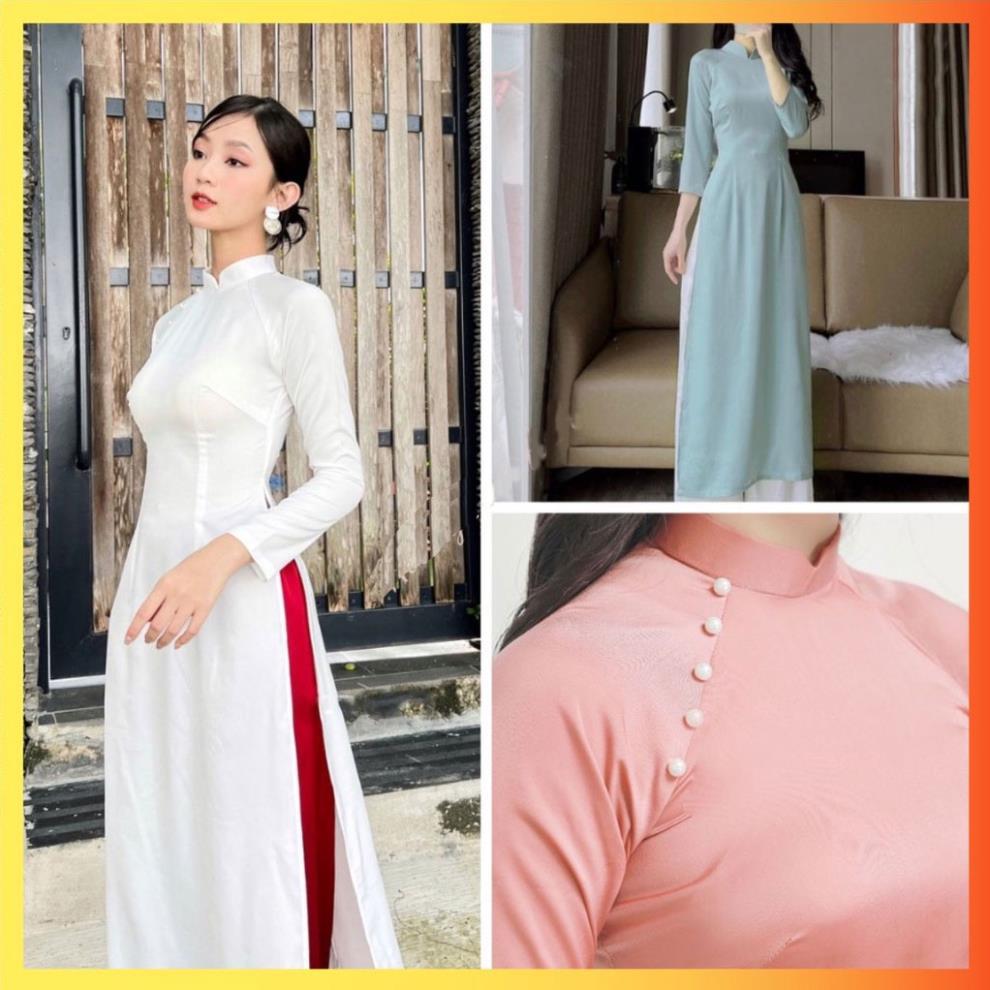 Áo dài truyền thống cách tân nữ thiết kế 2 tà may sẵn, áo dài lụa trơn kèm quần.