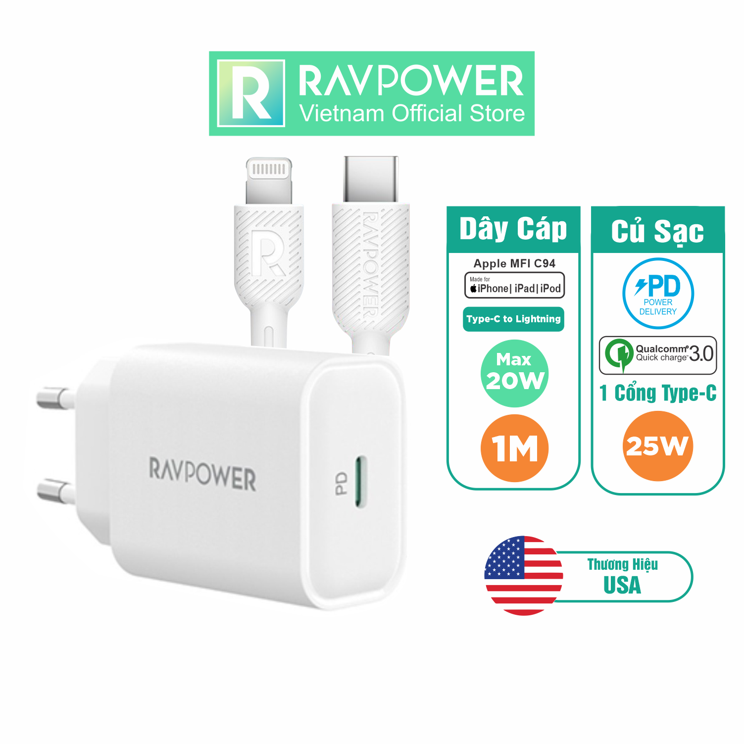 Combo Củ Sạc 25W Type C Cho iPhone, iPad RAVPower RP-PC156-W và Cáp Type C to Lightning MFI 20W Dài 1M RP-CB054 - Hàng Chính Hãng