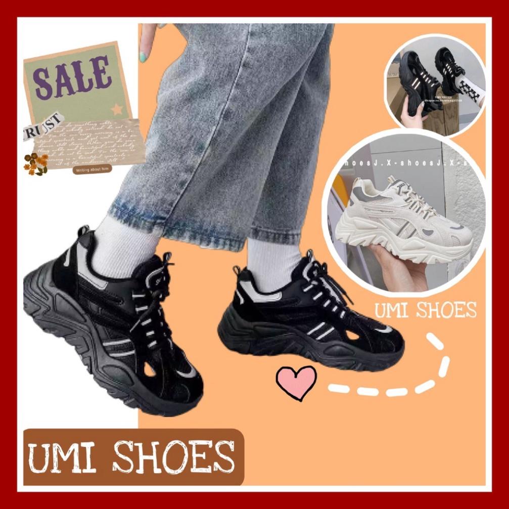 Giày thể thao nữ Ulzzang Eyty nâng độn đế cao 5cm răng cưa to mềm thoáng cá tính năng động màu đen trơn/kem