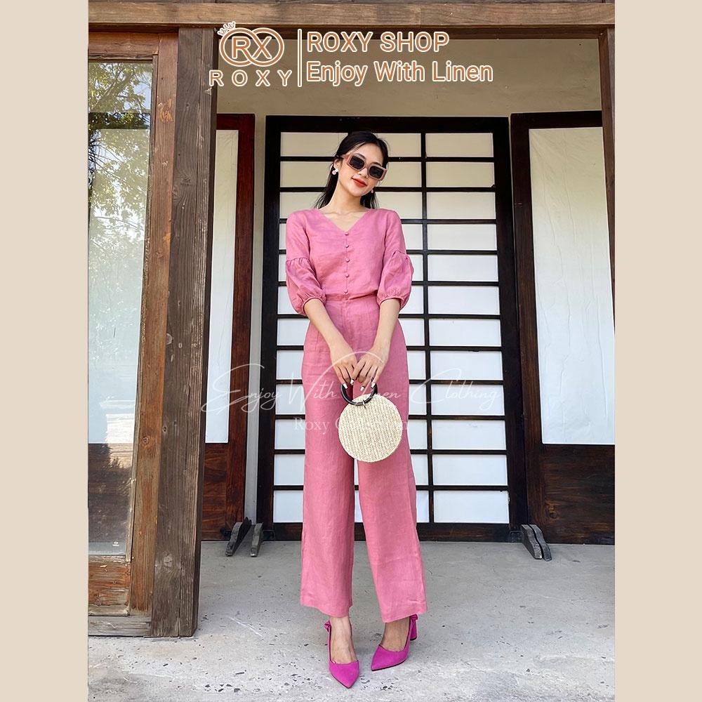Set Bộ Linen Áo Tay Dài Cổ Tim Tay Dài Bo Chun Phối Quần Ống Suông