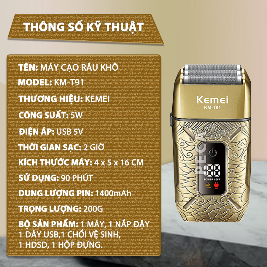 Máy cạo râu Kemei KM-T91 lưỡi nổi 3D cạo sạch nhanh, màn hình LCD, công suất mạnh mẽ 5W - Hàng chính hãng