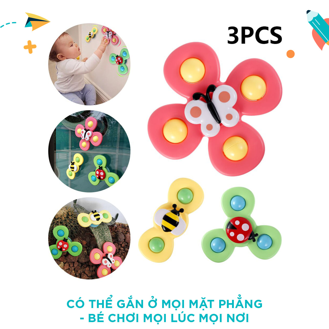 Combo 3 đồ chơi con Quay Spinner Dán Tường, Thiết Kế Hình Động Vật Hoạt Hình Độc Đáo Dành Cho Bé