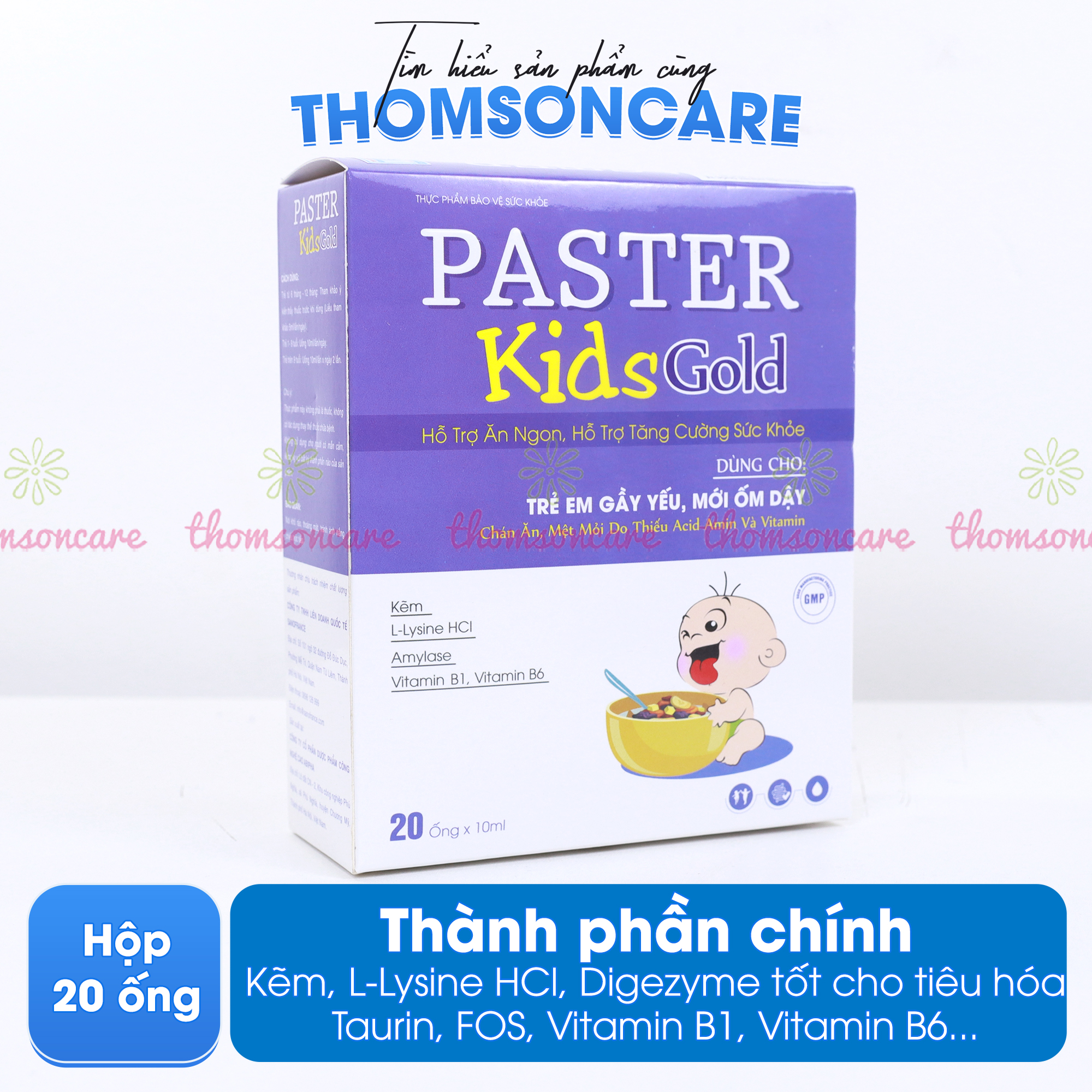 Siro ăn ngon Paster Kids Gold ống sanofia- Hỗ trợ tăng sức đề kháng, ăn ngon miệng, giảm rối loạn tiêu hóa - Hộp 20 ống x 10ml Thomsoncare