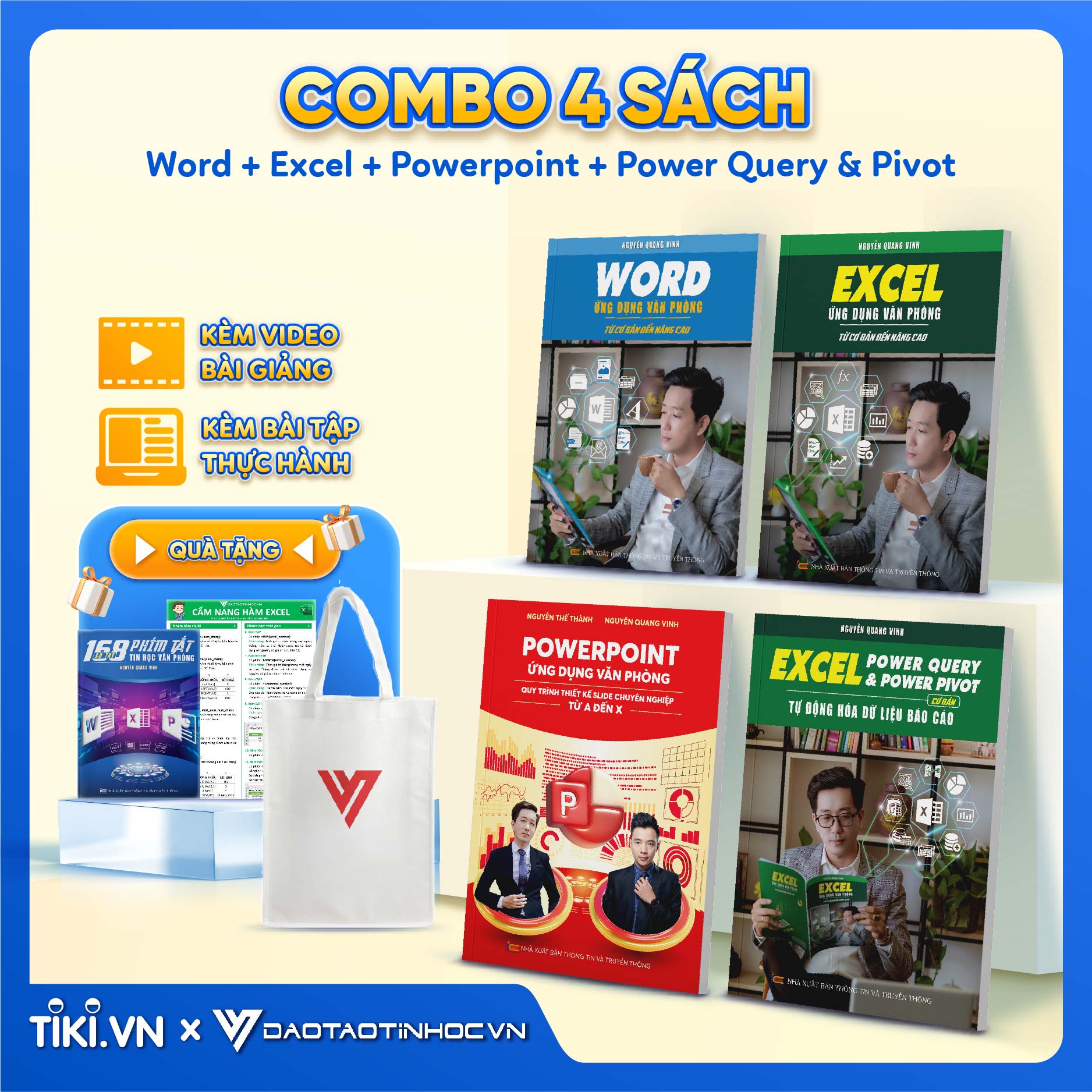 Combo 4 Sách Word -  Excel - Power Point - Power Query &amp; Power Pivot ĐÀO TẠO TIN HỌC Ứng Dụng Văn Phòng Kèm Video Khóa Học