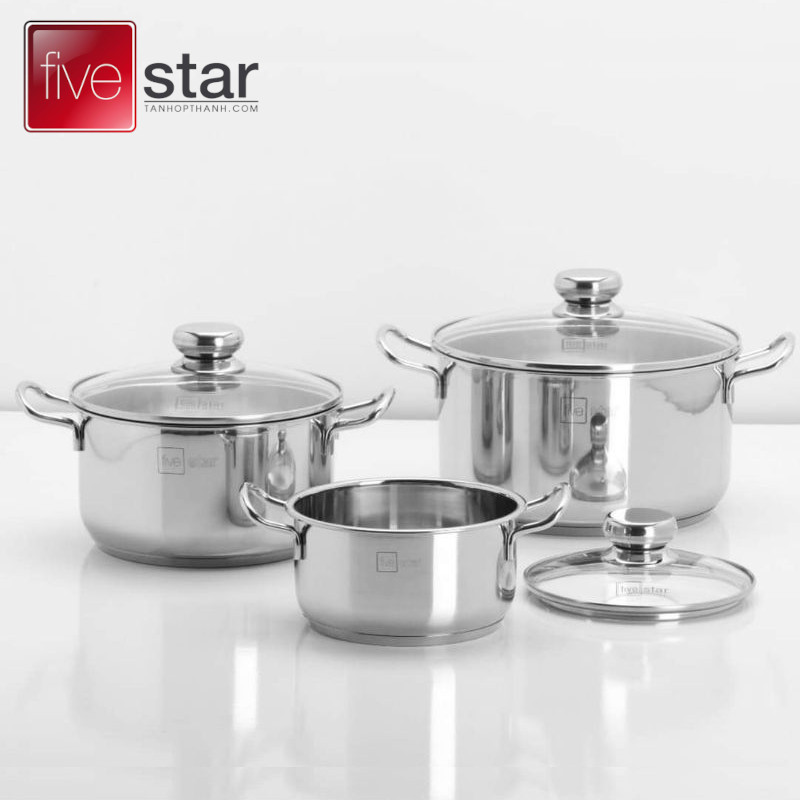 Bộ 3 Nồi Inox 3 Đáy 5 Ngôi Sao Royal Cool vung kính gồm 3 size 16cm, 20cm và 24cm