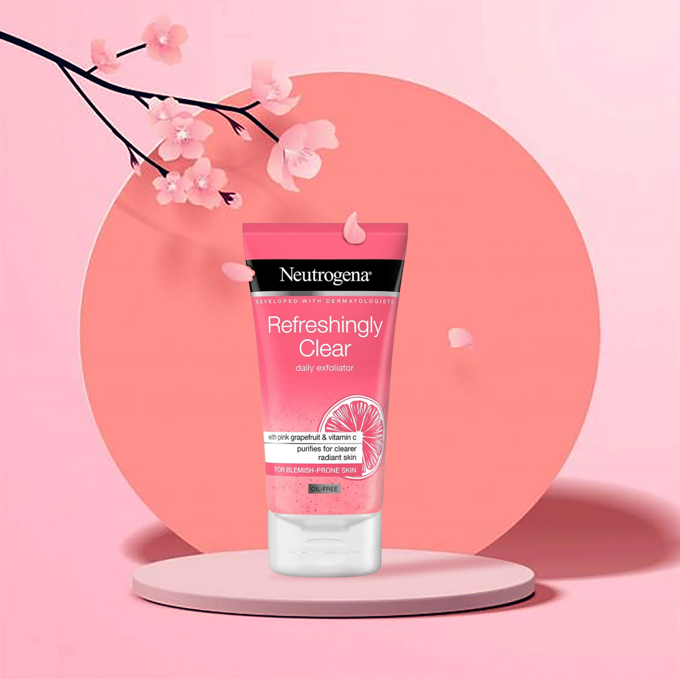 Gel Tẩy Tế Bào Chết Hằng Ngày Cho Da Mụn Chiết Xuất Bưởi Hồng Neutrogena Refreshingly Clear Daily Exfoliator 150ml (Tặng băng đô mèo xinh xắn)