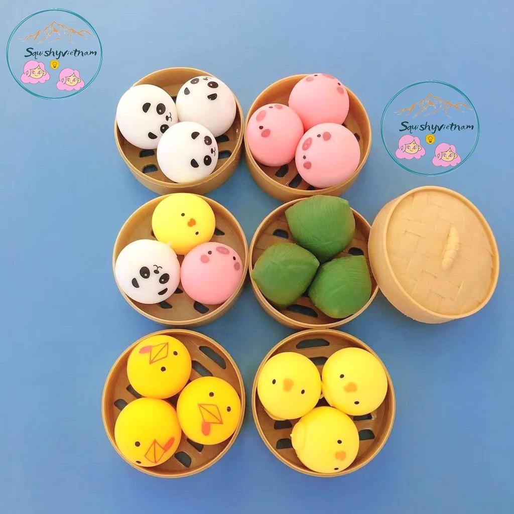 Squishy Mochi Hộp 3 bánh bao màu mè bắt mắt siêu đàn hồi mềm mịn dễ thương xả stress