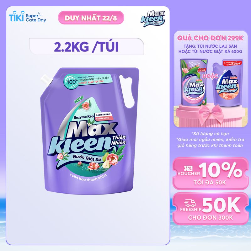 Combo Nước Giặt Xả MaxKleen Thiên Nhiên: 1 túi 2.2kg + 1 túi 600g