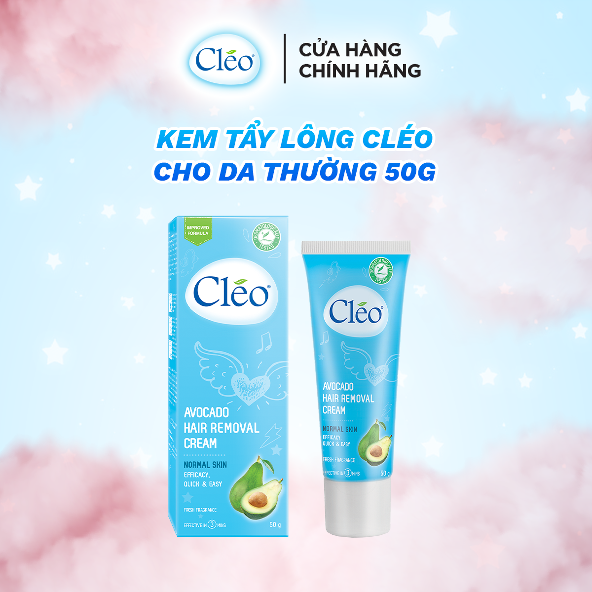 Combo tẩy lông nách Cléo cho da thường chiết xuất bơ 50g và tẩy lông chân tay Cléo an toàn trong 4 phút 90ml