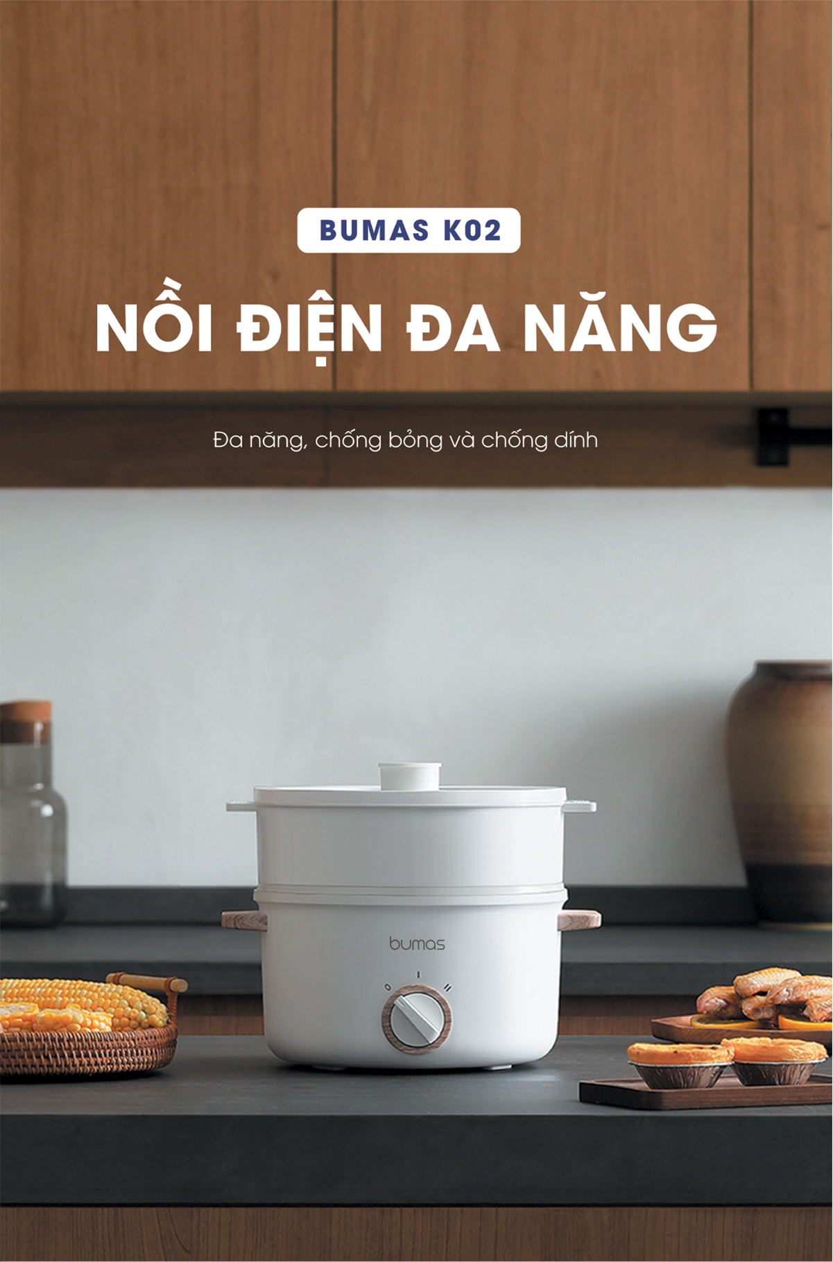 Nồi Lẩu Điện Đa Năng BUMAS K02 - Dung Tích 2.5L, Chống Dính, Nấu Lẩu, Nấu Ăn Đa Năng Cho Gia Đình Hàng chính hãng BUMAS